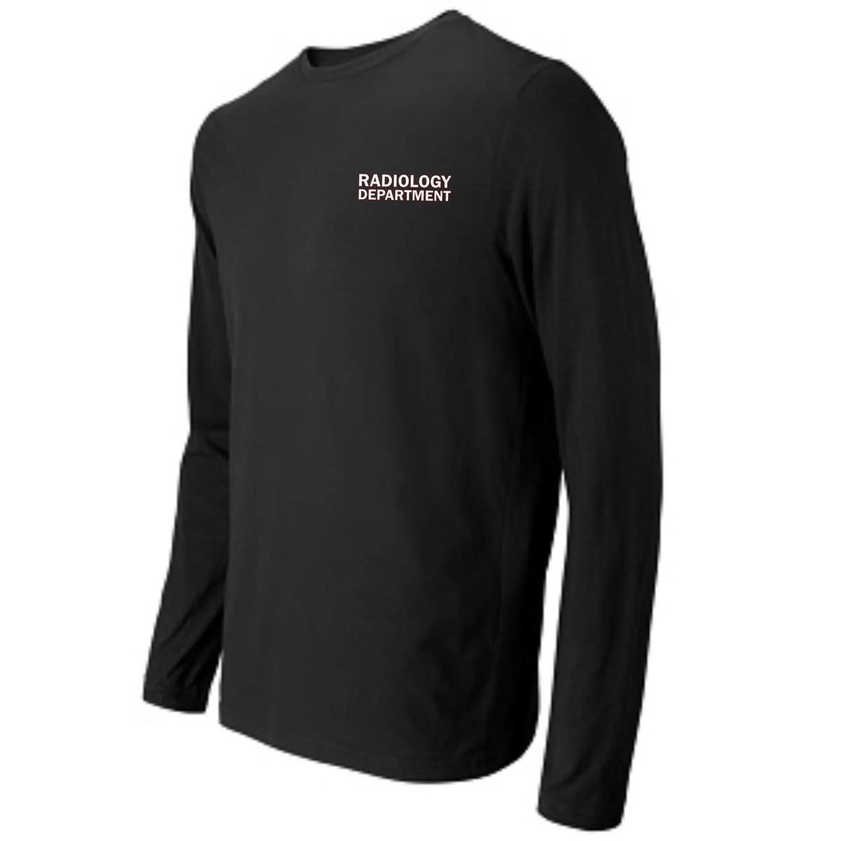 Ashtown Clothing black long sleeve t-shirt with white Radiology Department text on the chest for medical professionals.