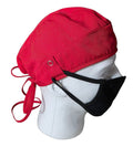 Ashtown Clothing red medical scrub hat with adjustable tie-back closure on a mannequin wearing a black face mask
