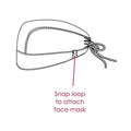 Ashtown Clothing medical scrub hat with adjustable tie-back and side snap loop for securing a face mask