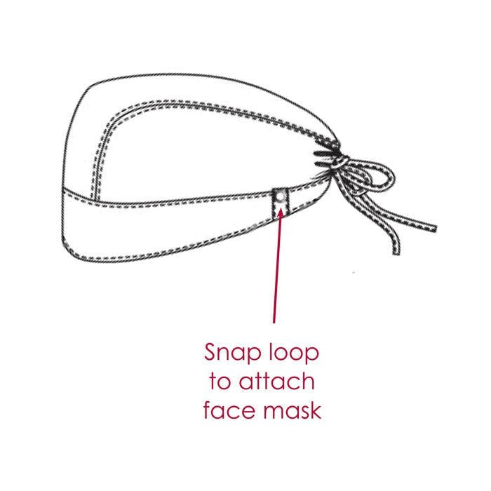 Ashtown Clothing medical scrub hat with adjustable tie-back and side snap loop for securing a face mask