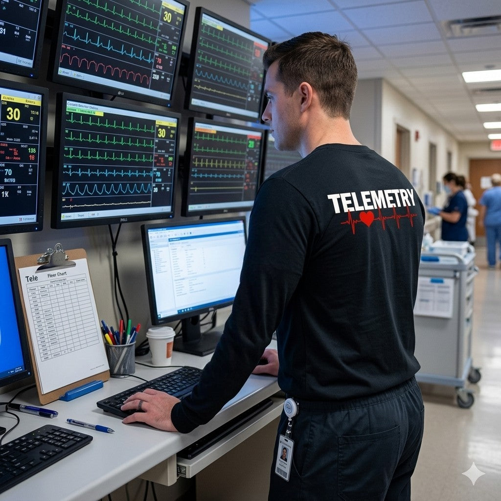 Ashtown Clothing black long sleeve Telemetry nurse t-shirt with heart rhythm graphic worn by a nurse at a monitor