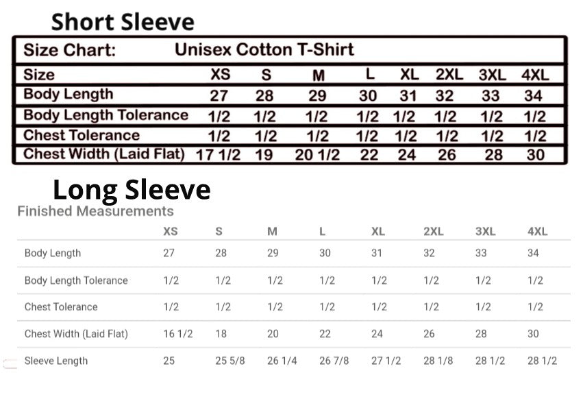 Ashtown Clothing unisex size chart for short and long sleeve cotton t-shirts showing body length and chest width