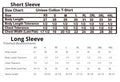 Ashtown Clothing size chart for unisex short and long sleeve cotton t-shirts showing body length and chest width