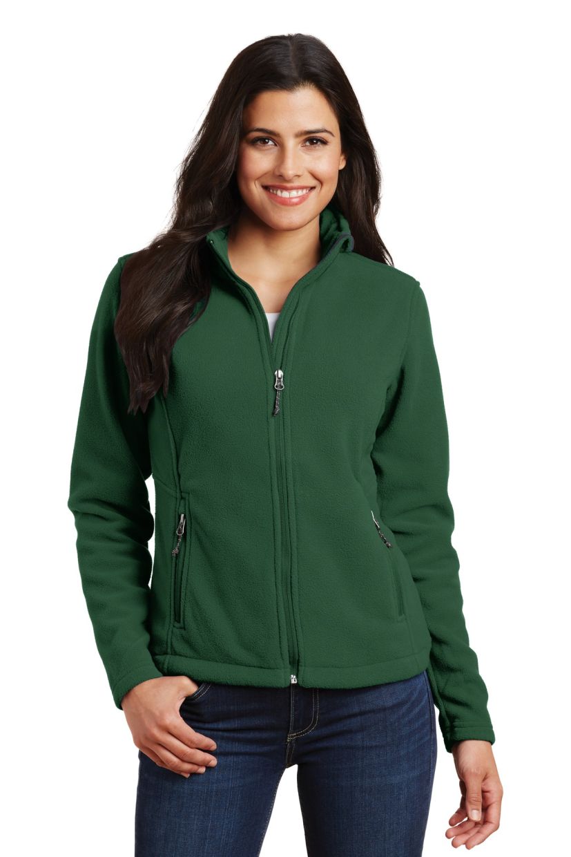 Ashtown Clothing women's dark green full-zip fleece medical jacket with a stand-up collar and zippered side pockets.
