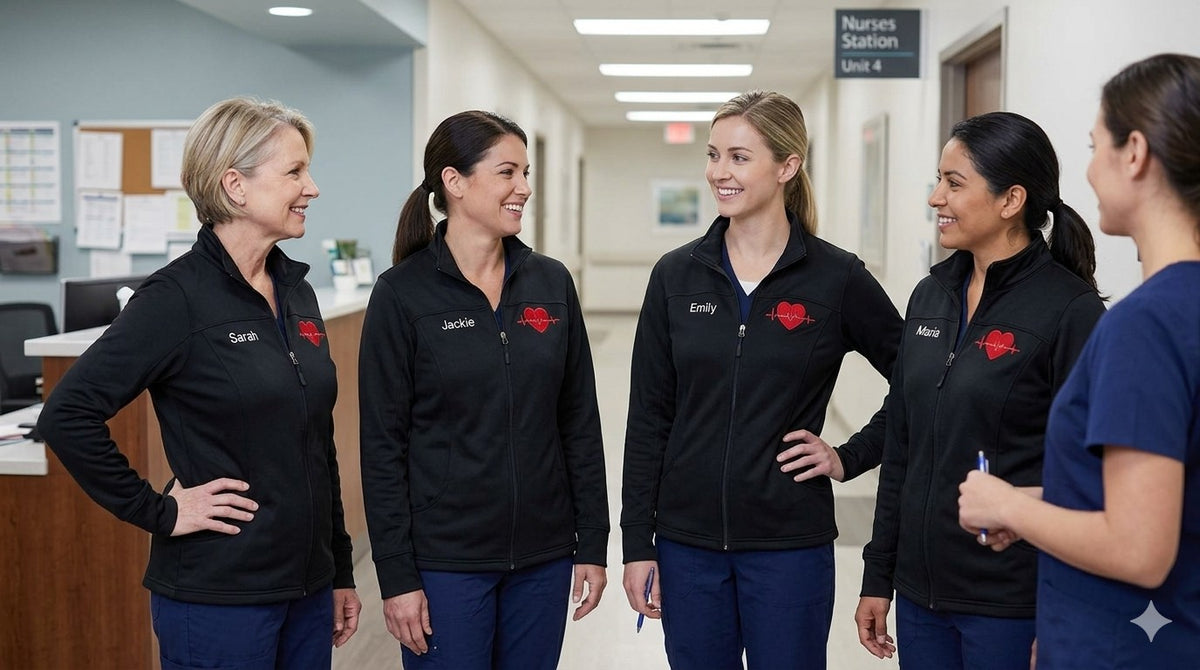 Ashtown Clothing women's black performance full zip medical jackets with custom embroidery in a hospital hallway.