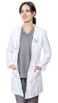 Ashtown Clothing women's white professional medical lab coat with a tailored fit, notched lapel, and deep pockets.